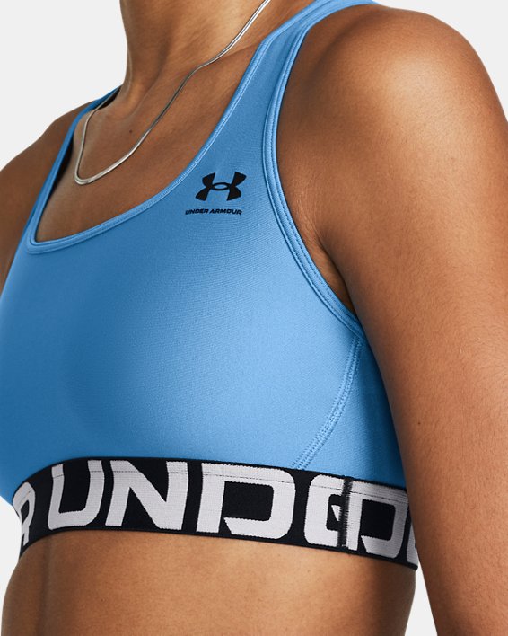 Women's HeatGear® Armour Mid Branded Sports Bra, Blue, pdpMainDesktop image number 8